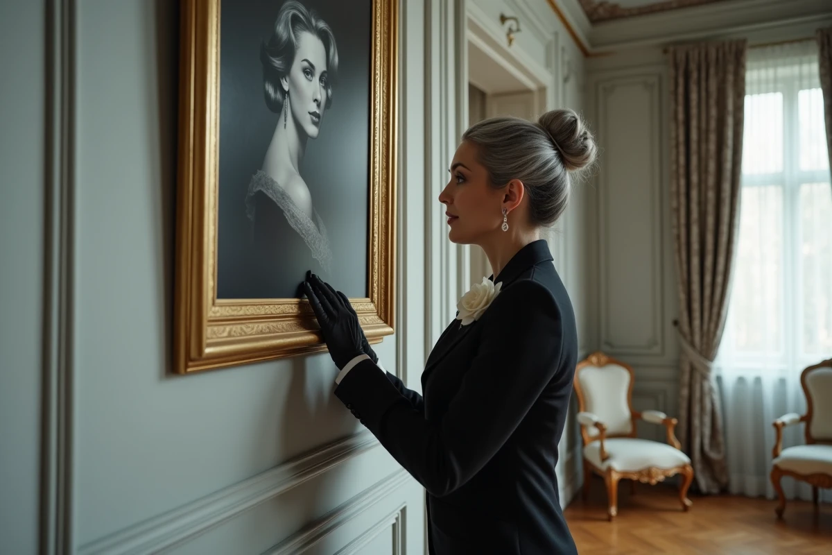 Femme élégante en tailleur noir Chanel contemplant un portrait ancien dans un appartement haussmannien parisien, évoquant la transmission de l'héritage de Coco Chanel