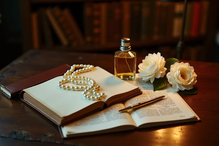 Accessoires emblématiques de Chanel posés sur un bureau parisien ancien avec un livre de comptes ouvert, symboles de l'héritage et de la fortune légendaire de Coco Chanel