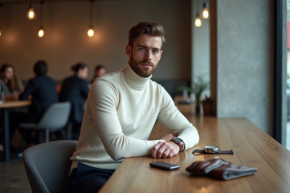 Homme stylé assis dans un café avec une sélection d'accessoires de mode posés sur la table en bois