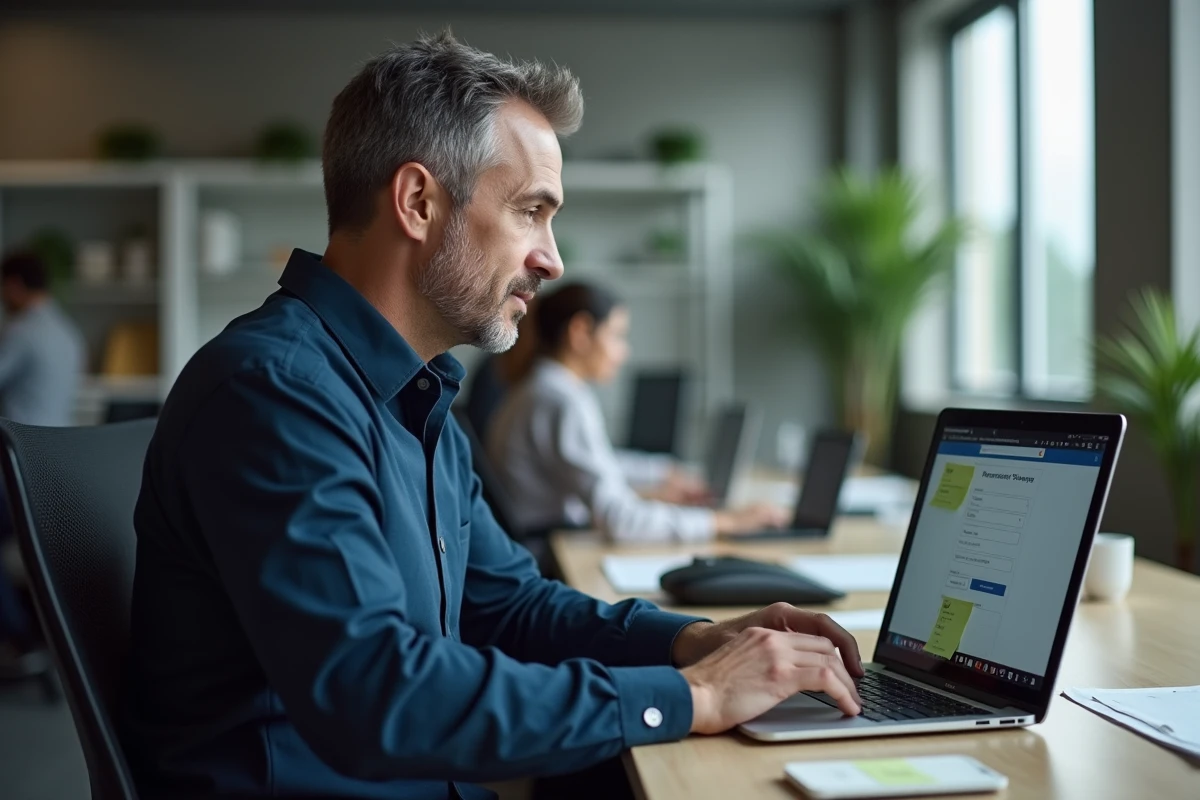 Homme en bureau recherchant le propriétaire d'un numéro de téléphone via un annuaire inversé en ligne sur ordinateur portable