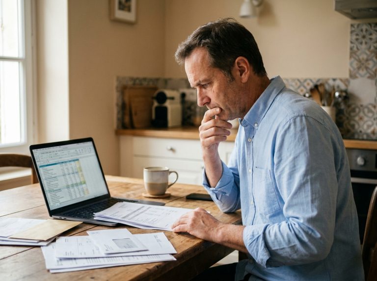 Homme consultant des documents de prêts et relevés bancaires avant un regroupement de crédits