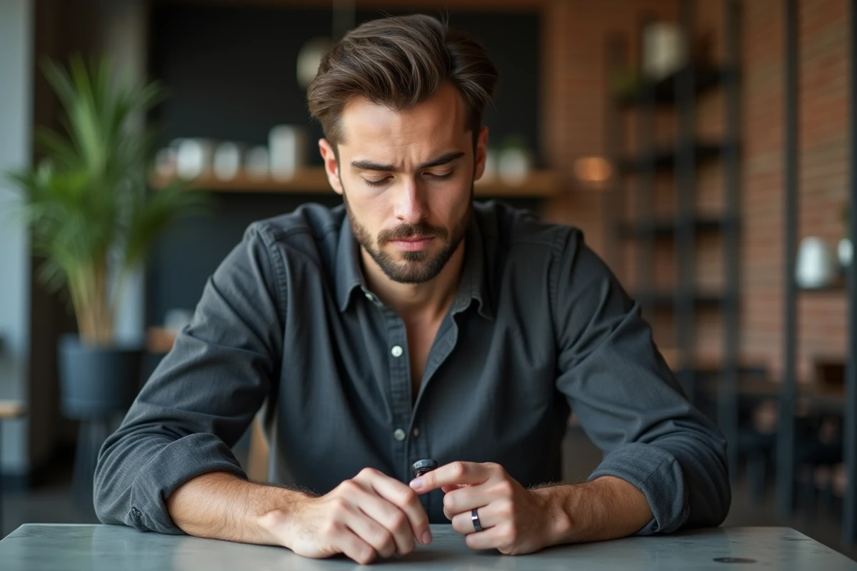 Jeune homme tenant une bague noire en céramique mate entre ses doigts dans un café urbain, expression contemplative et symbolique