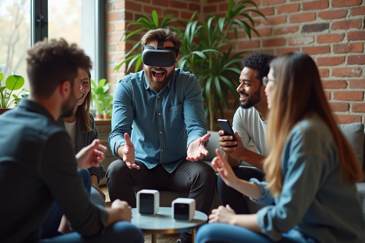 Homme avec casque VR montrant à ses amis dans un salon urbain