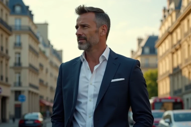 Homme élégant en costume marine devant un décor parisien, ambiance éditoriale raffinée