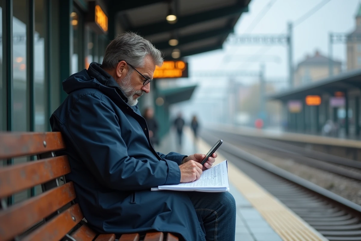 Homme remplissant un formulaire de santé à la gare