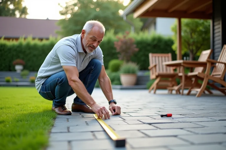 Homme mesurant une terrasse en pierre dans un jardin