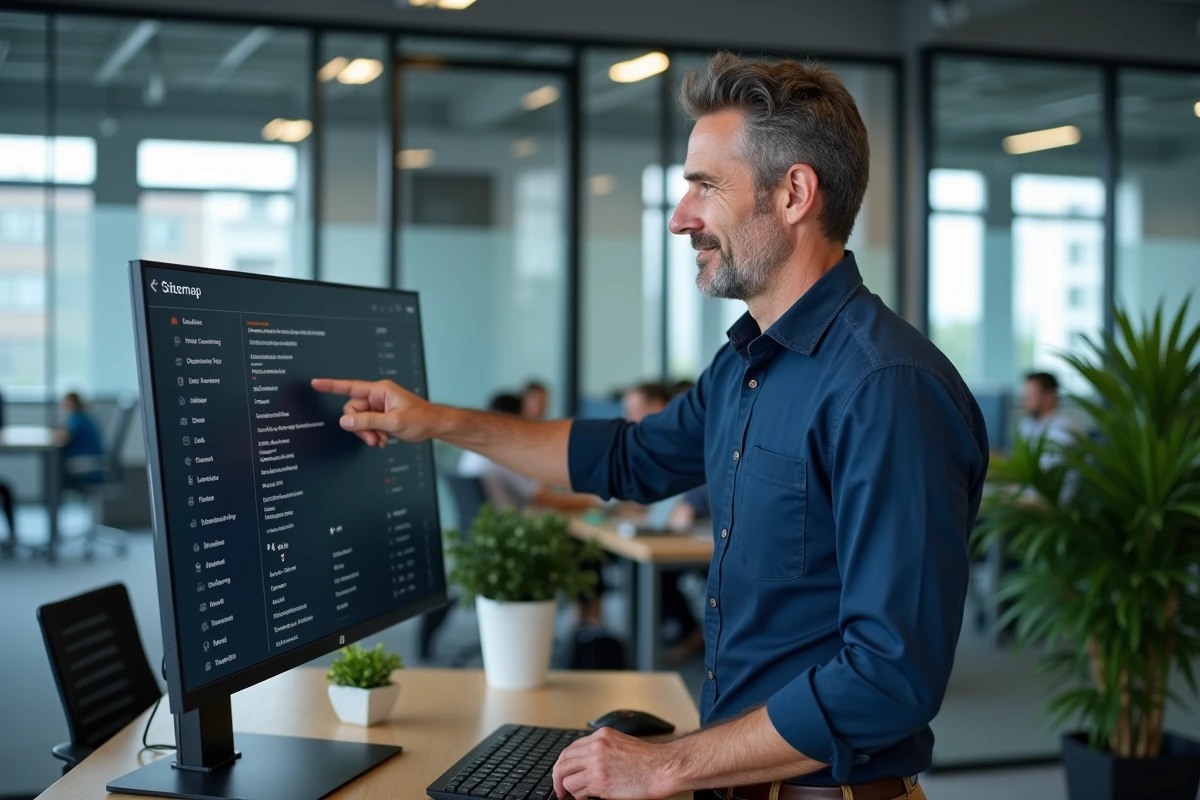 Homme d'affaires naviguant sur le plan d'un site de formation en ligne dans un bureau moderne en open space