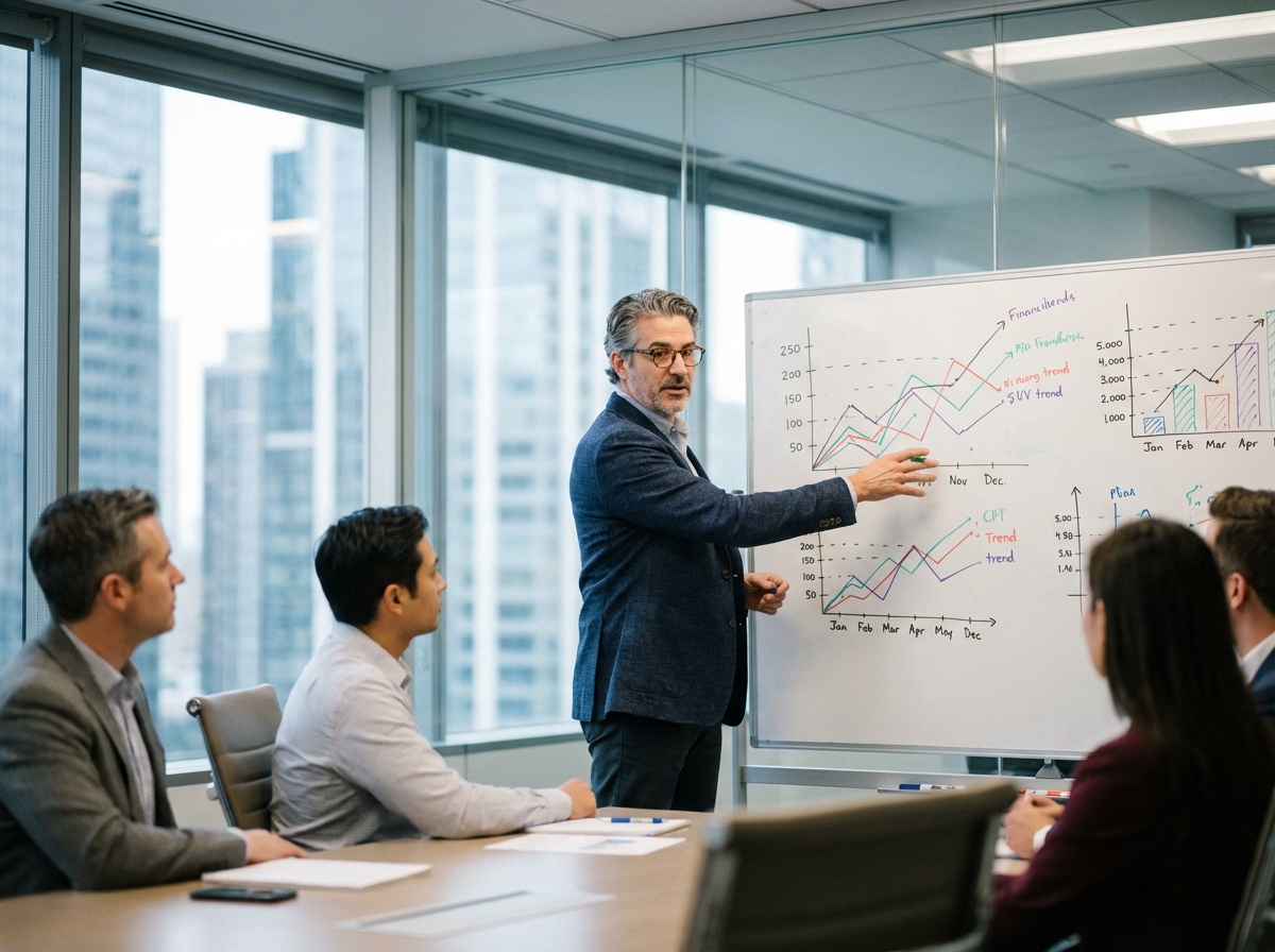 Homme expliquant graphiques financiers en réunion