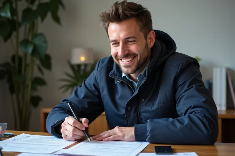 Homme souriant remplissant un formulaire Cerfa 13757