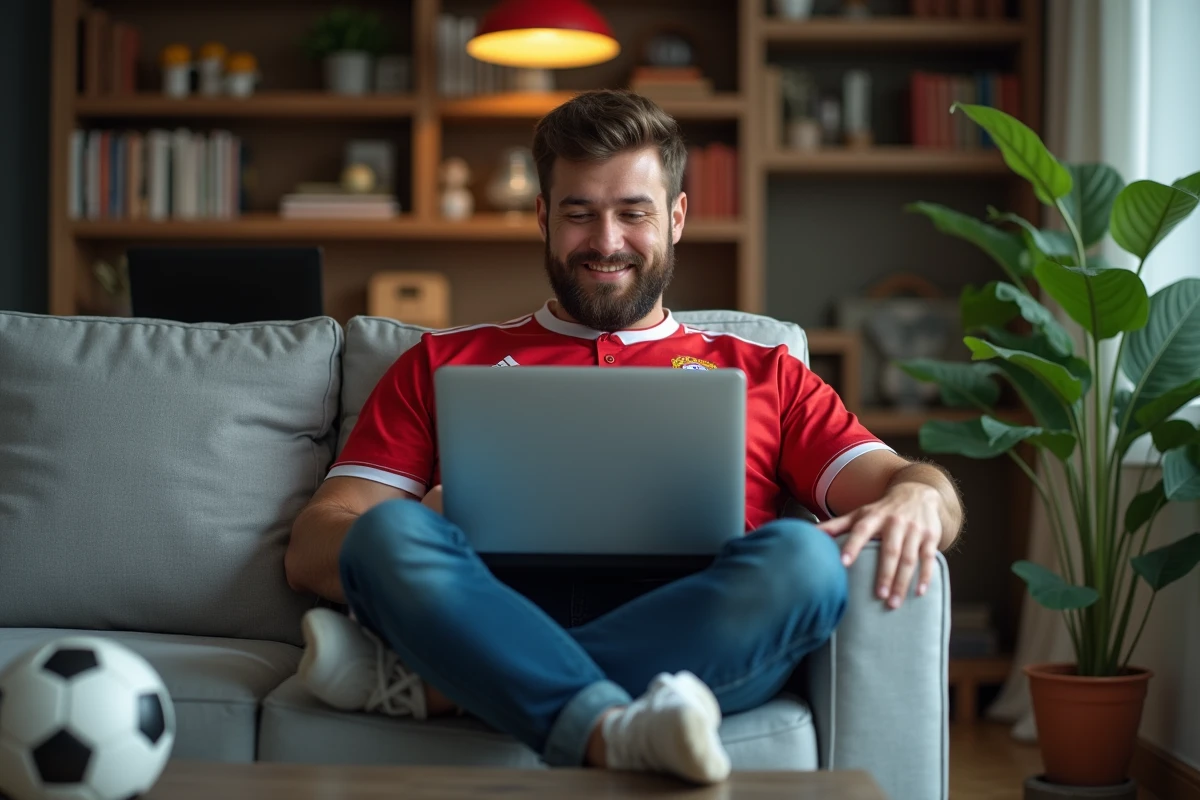 Homme en jersey de football regardant un match en streaming