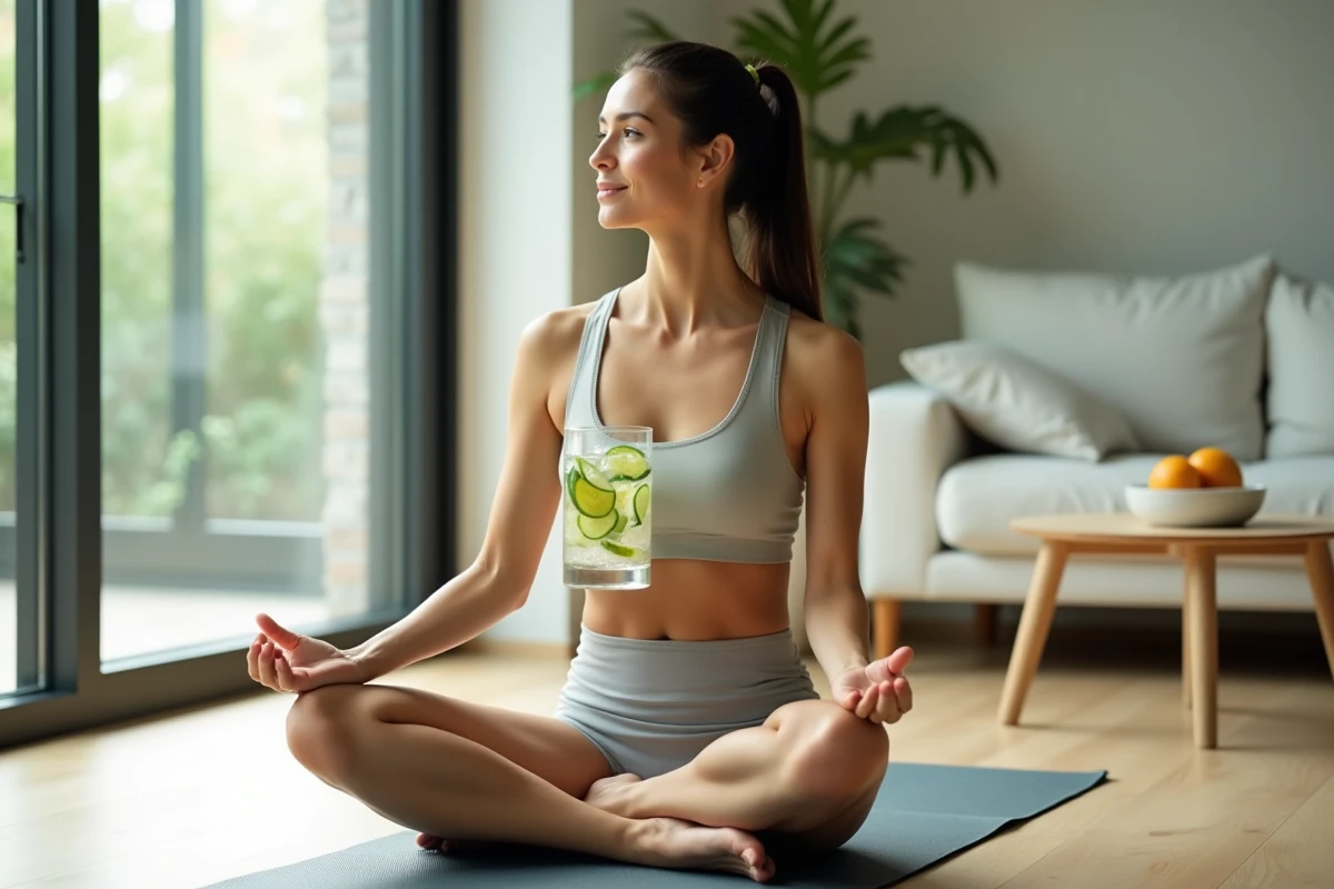 Femme mature en bonne santé buvant de l'eau infusée aux fruits pour une peau éclatante et hydratée de l'intérieur