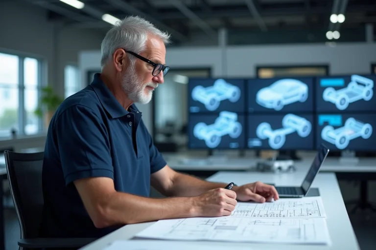Ingénieur automobile Stellantis analysant des plans techniques dans un studio de design moderne