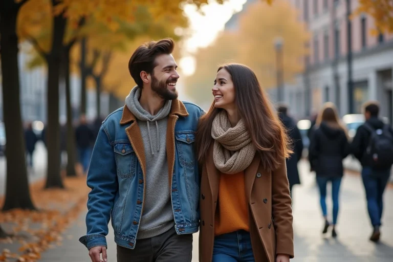 Jeune couple en automne dans la rue partageant un rire