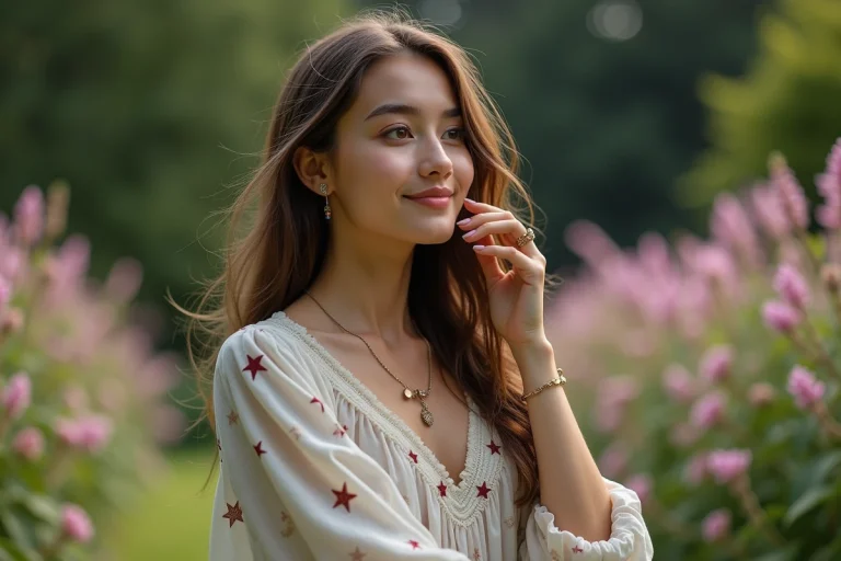 Jeune femme dans un jardin avec motifs zodiacaux en arrière-plan