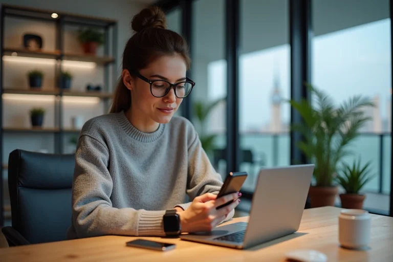 Jeune femme avec smartphone et smartwatch dans un bureau moderne