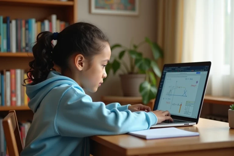 Jeune fille concentrée suivant un cours de soutien scolaire en ligne sur un ordinateur portable dans sa chambre
