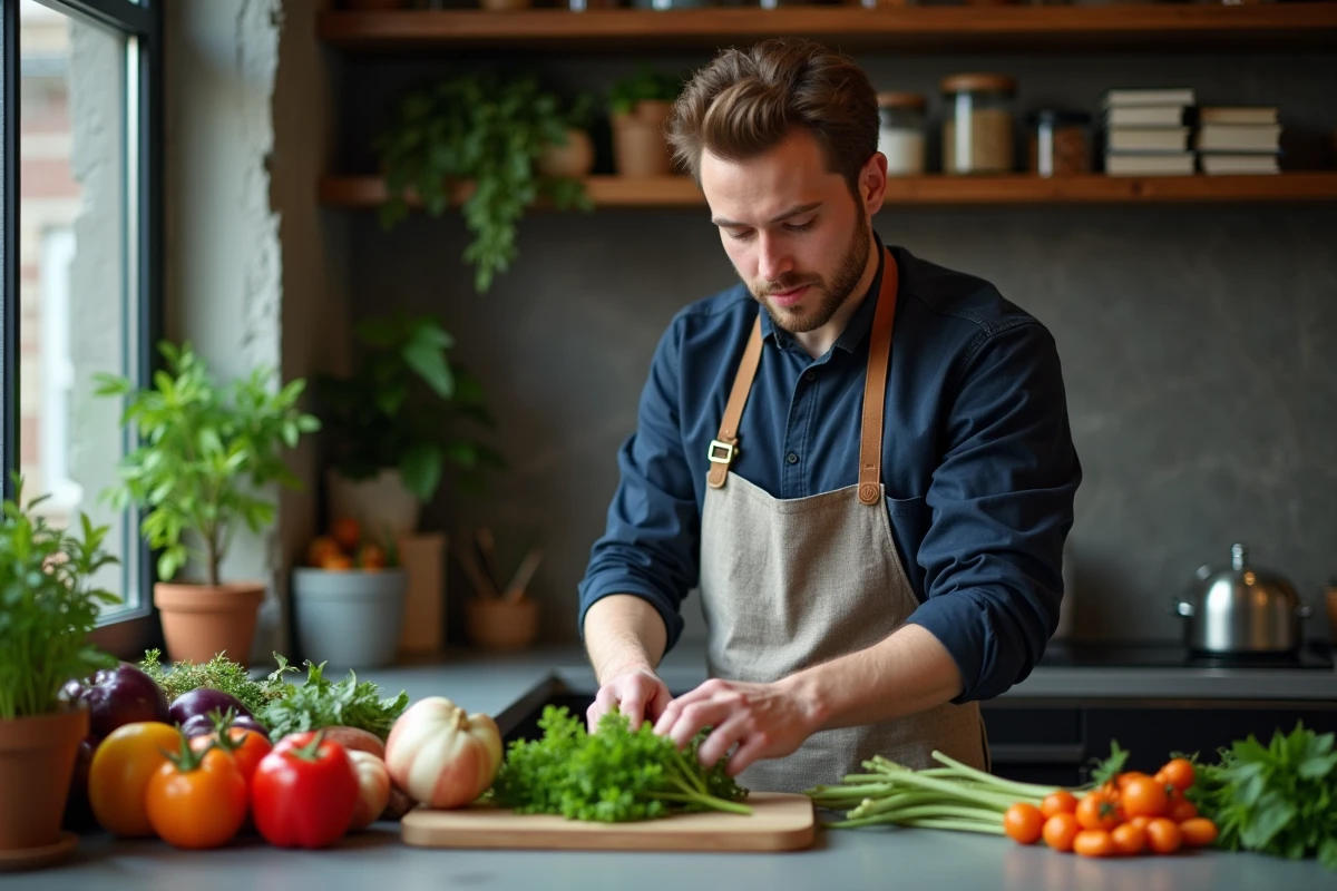Jeune homme hachant des herbes dans une cuisine urbaine