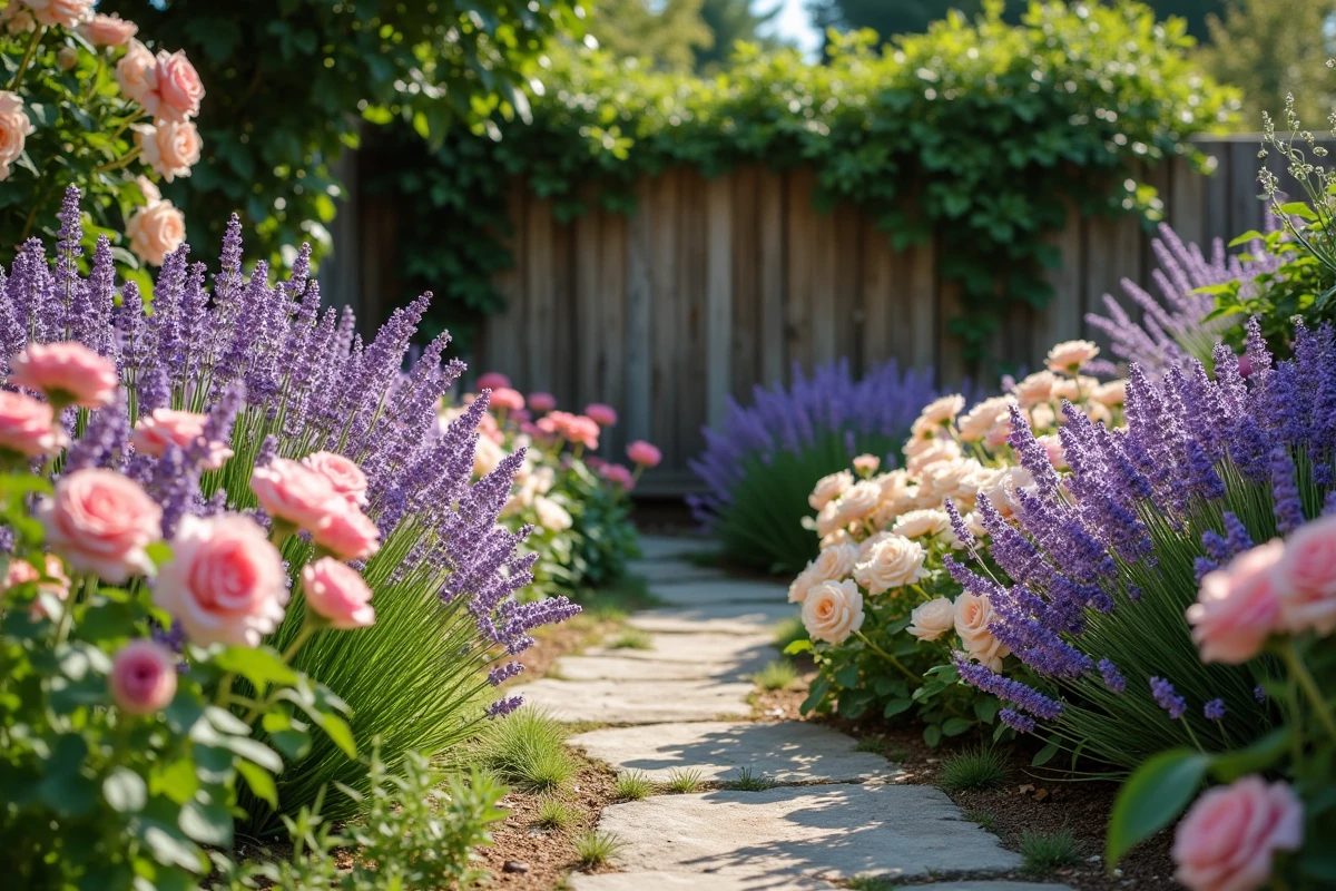 Massif de fleurs colorées composé de lavande, roses et dahlias dans un jardin bien entretenu avec chemin en pierre