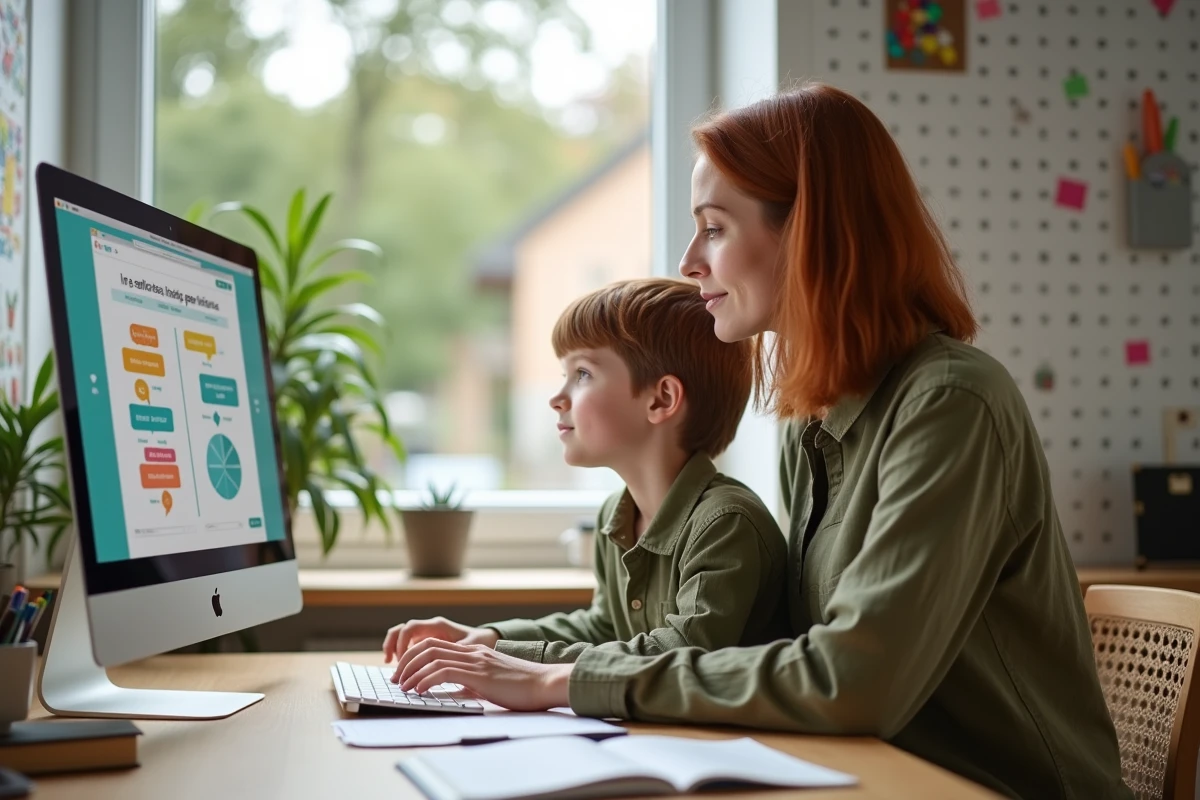 Mère accompagnant son fils lors d'une séance de soutien scolaire en ligne sur un ordinateur de bureau à la maison