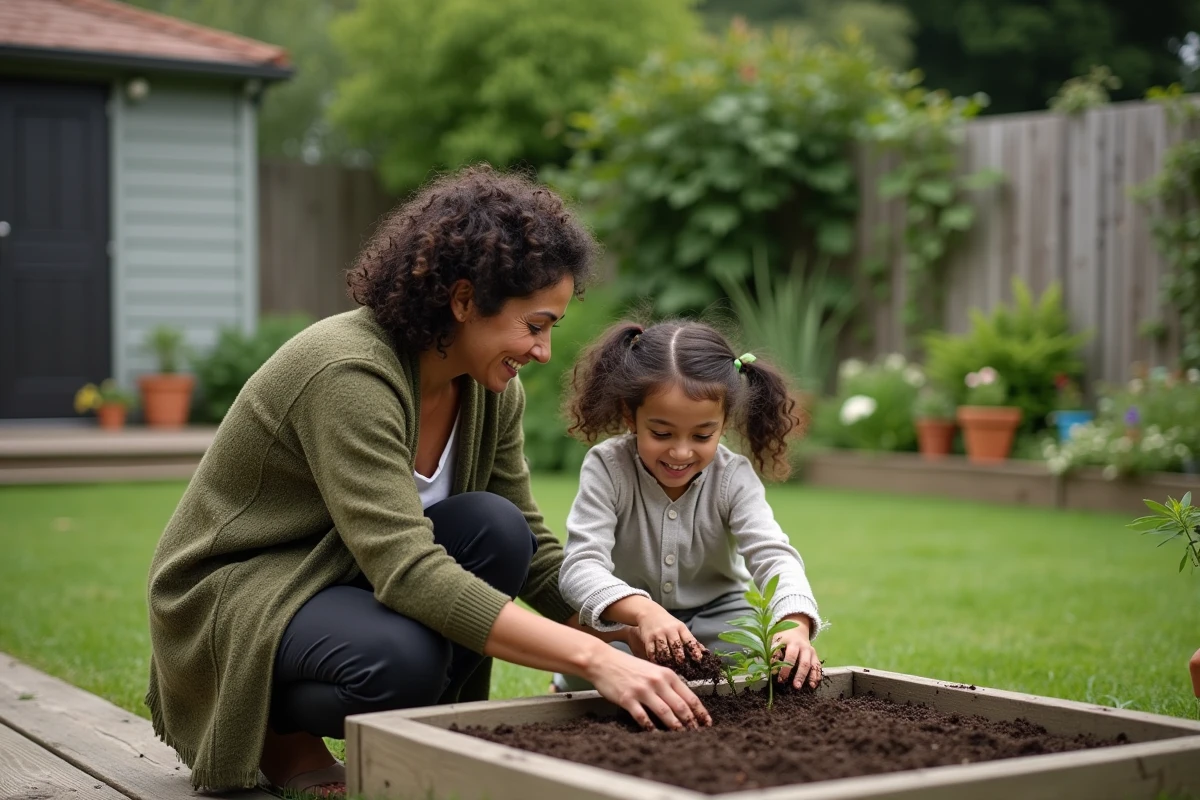 Mère et fille jardinant ensemble dans un potager familial en plein air