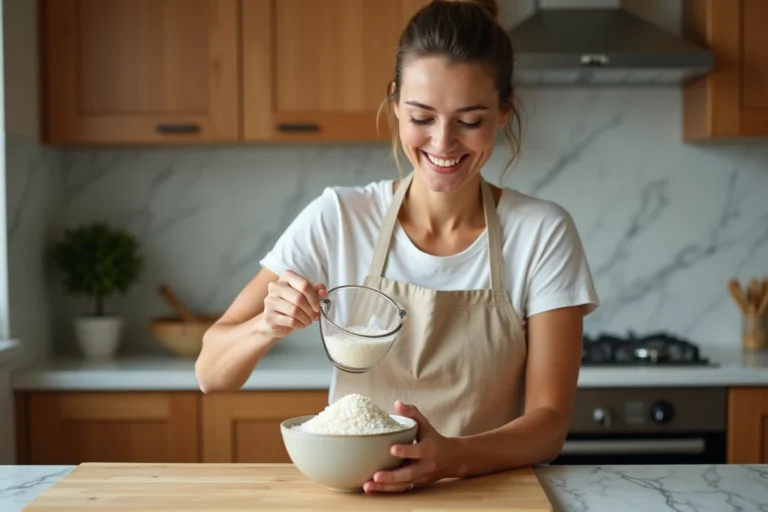Femme mesurant du riz blanc dans une tasse en verre au-dessus d'un bol en céramique sur un plan de travail en marbre dans une cuisine chaleureuse