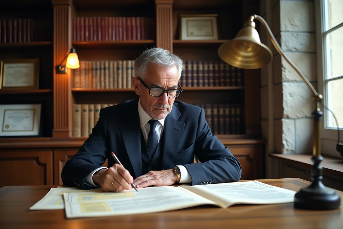 Notaire français examinant des documents cadastraux et des registres fonciers dans un bureau parisien traditionnel