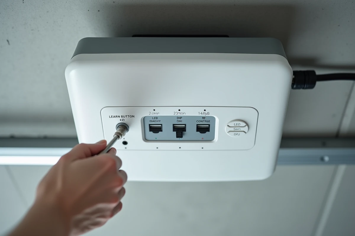 Gros plan sur le panneau de configuration et les interrupteurs DIP du moteur Hormann SupraMatic E2