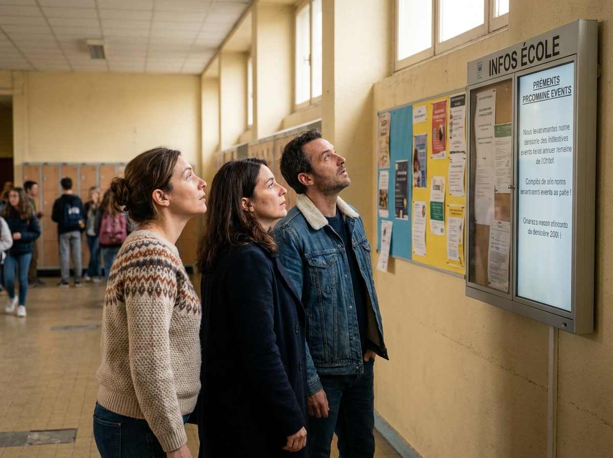 Des parents d'élèves découvrent un affichage de communication institutionnelle dans le couloir d'une école