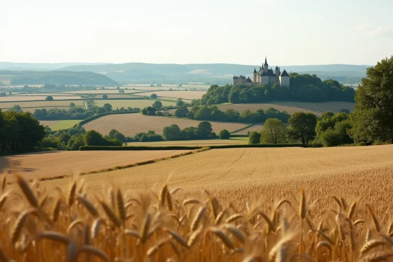 Vaste paysage rural français avec champs agricoles, forêts de chênes et château au loin illustrant la propriété foncière en France