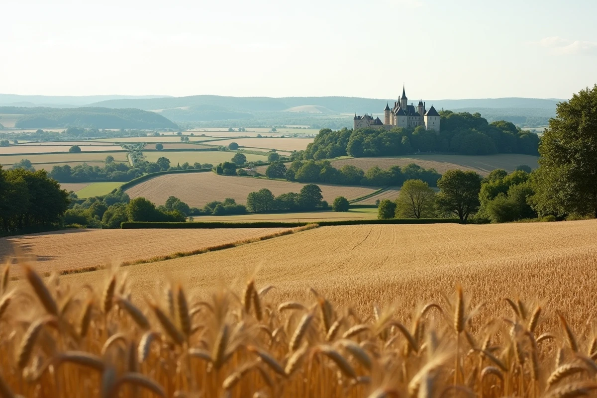 Vaste paysage rural français avec champs agricoles, forêts de chênes et château au loin illustrant la propriété foncière en France