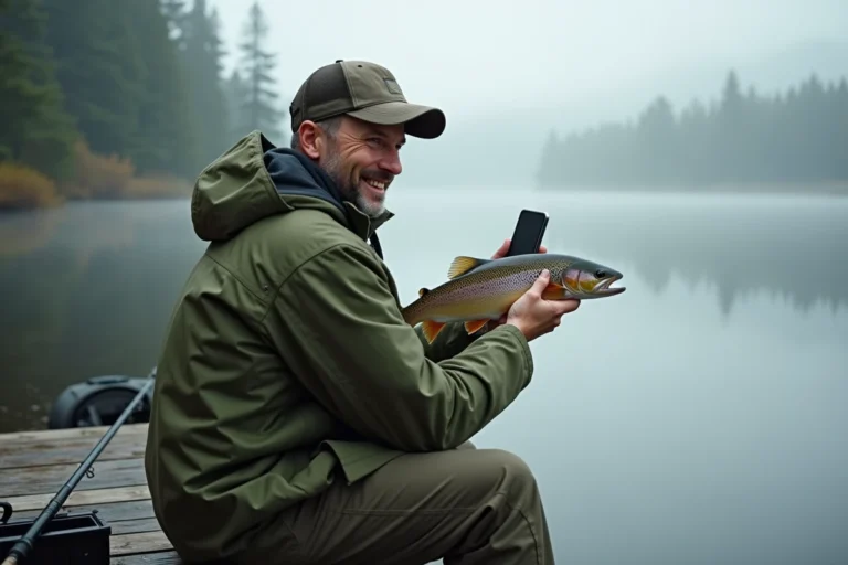 Pêcheur sur un ponton en bois photographiant sa truite avec un smartphone au bord d'un lac brumeux