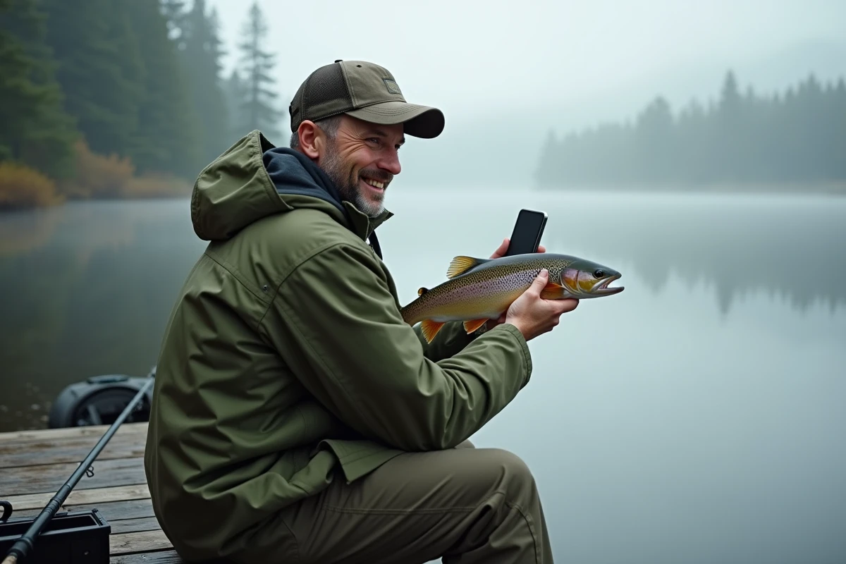 Pêcheur sur un ponton en bois photographiant sa truite avec un smartphone au bord d'un lac brumeux
