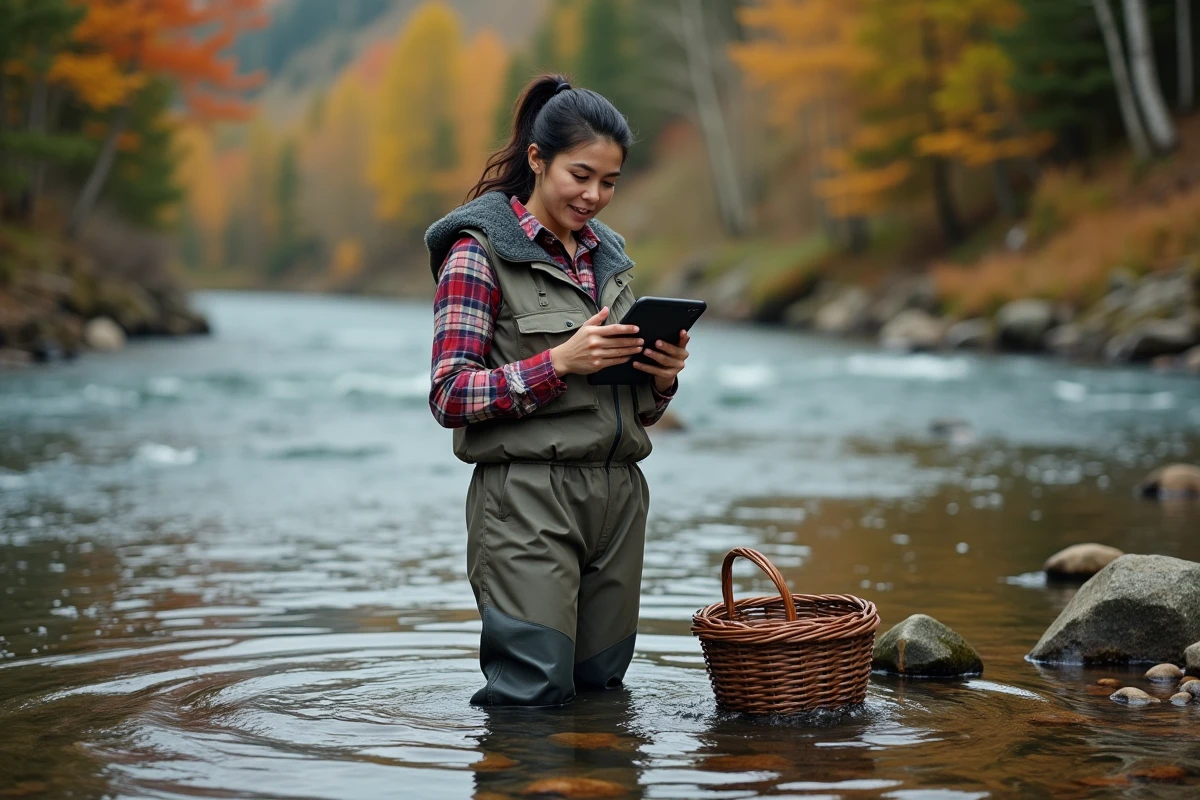 Femme pêcheuse dans une rivière de montagne enregistrant ses prises sur une application tablette en automne