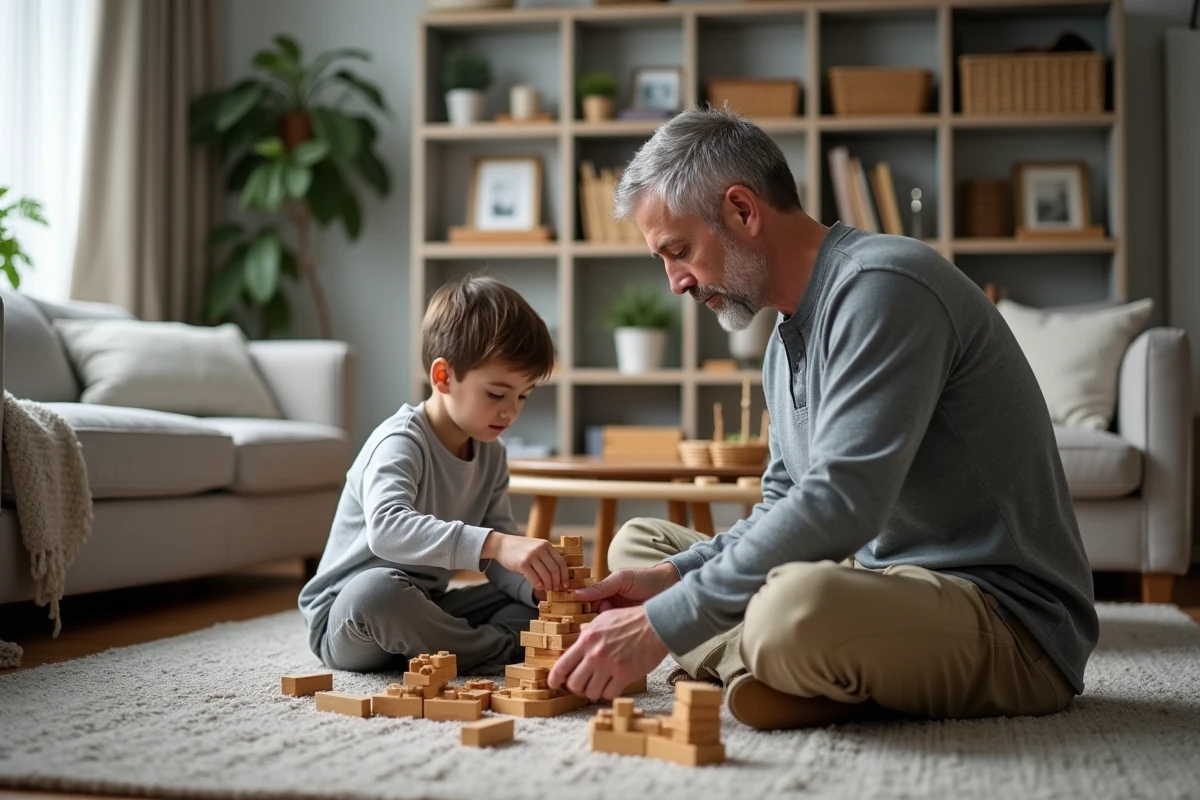 Père et fils construisant ensemble avec des blocs en bois dans un salon familial confortable