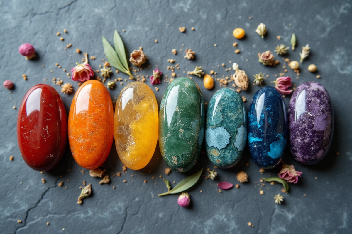 Alignement de sept pierres précieuses colorées représentant les chakras sur fond de pierre naturelle