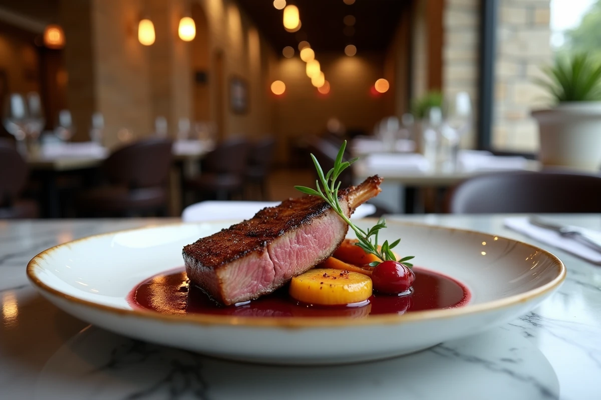 Plat principal raffiné de canard au restaurant Luci Argenteuil, avec réduction de cerise et légumes rôtis, présentation gastronomique soignée