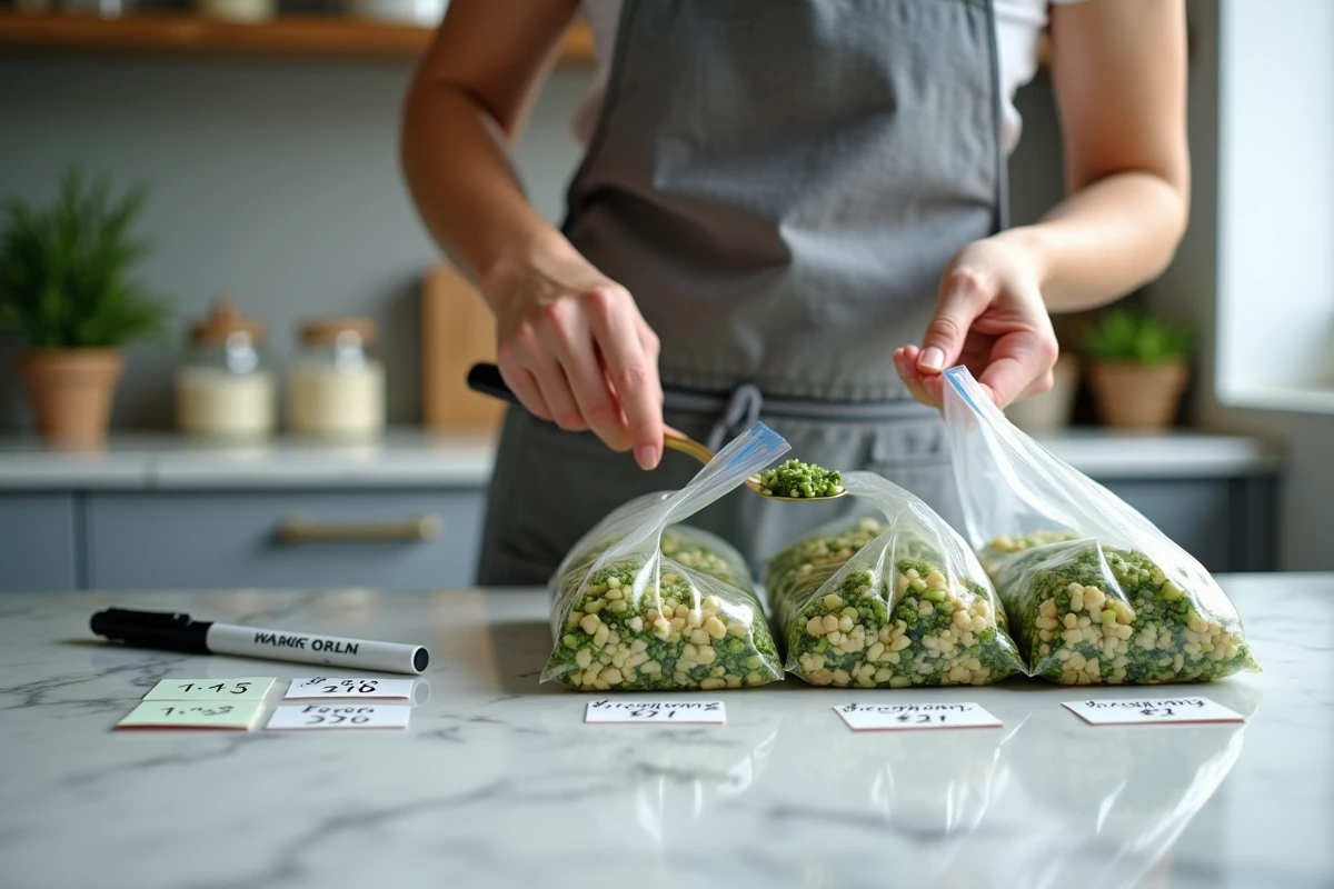 Femme portionnant du taboulé dans des sachets congélation étiquetés sur un plan de travail en marbre dans une cuisine moderne
