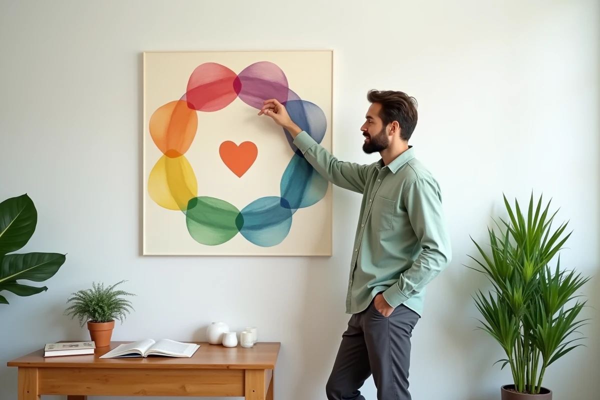Praticien en bien-être expliquant un schéma des chakras et la signification de leurs couleurs