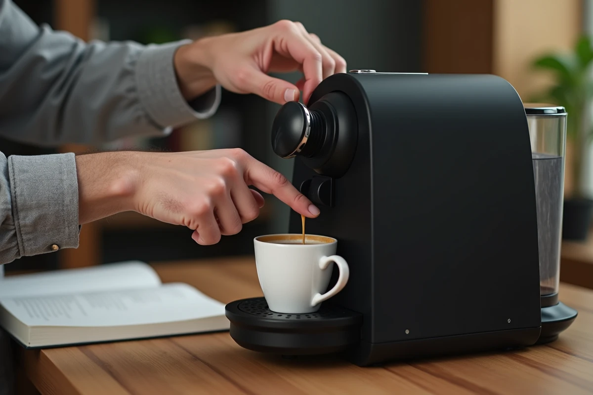 Homme préparant un espresso avec une machine à café à grain automatique dans un bureau à domicile