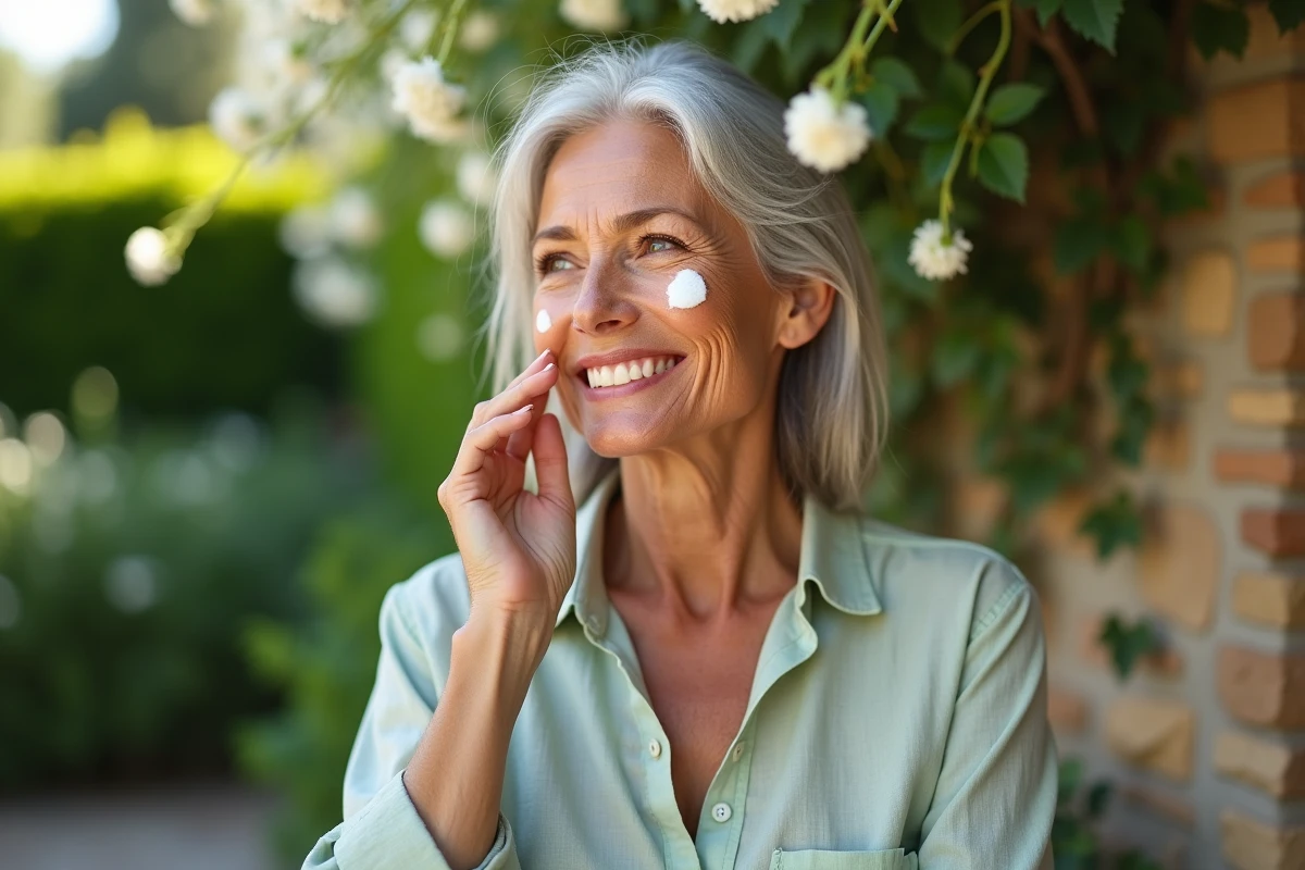 Femme d'une cinquantaine d'années appliquant de la crème solaire dans un jardin pour protéger sa peau du vieillissement prématuré