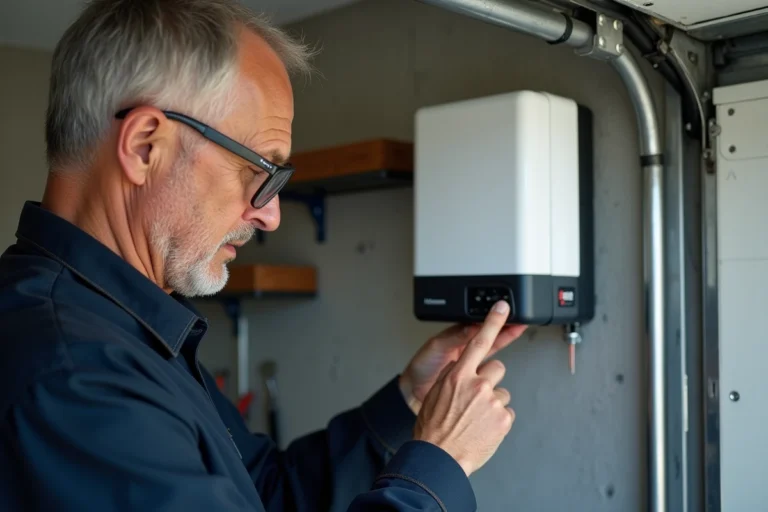 Technicien appuyant sur le bouton de réinitialisation du moteur Hormann SupraMatic E2 dans un garage résidentiel