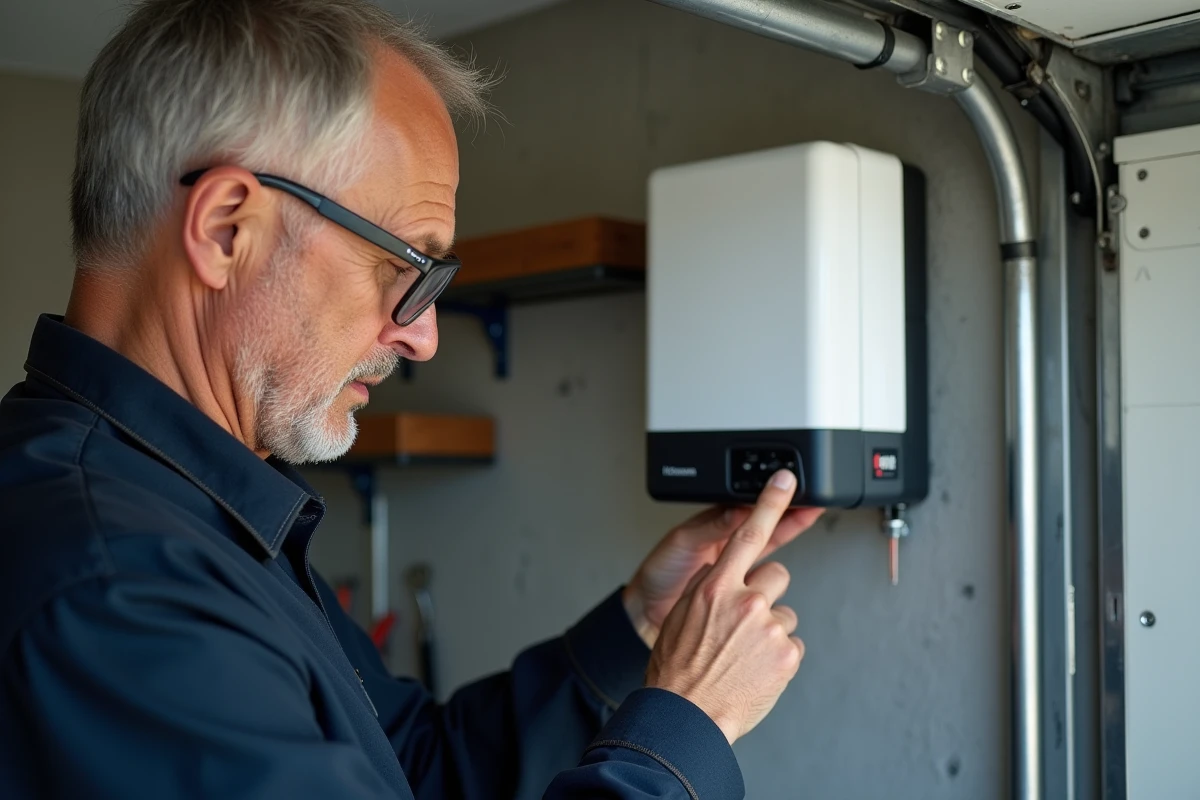 Technicien appuyant sur le bouton de réinitialisation du moteur Hormann SupraMatic E2 dans un garage résidentiel