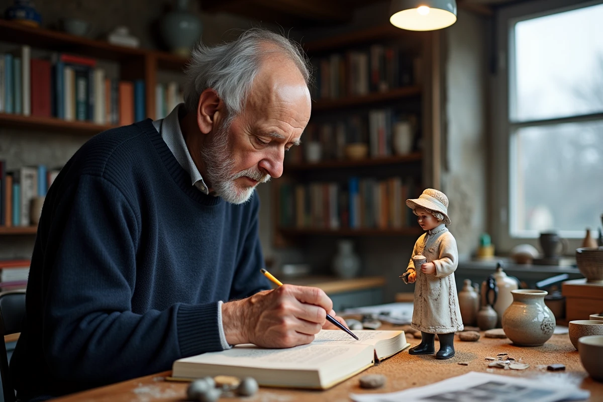 Restaurateur spécialisé nettoyant une figurine en faïence Henriot ancienne et consultant un guide de datation des céramiques de Quimper