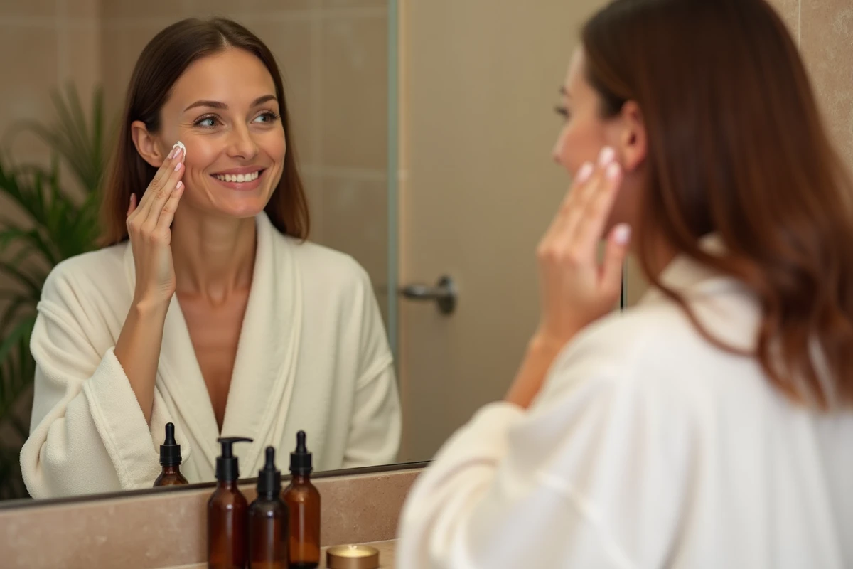 Femme appliquant une crème hydratante devant son miroir de salle de bain pour une routine soin de peau quotidienne
