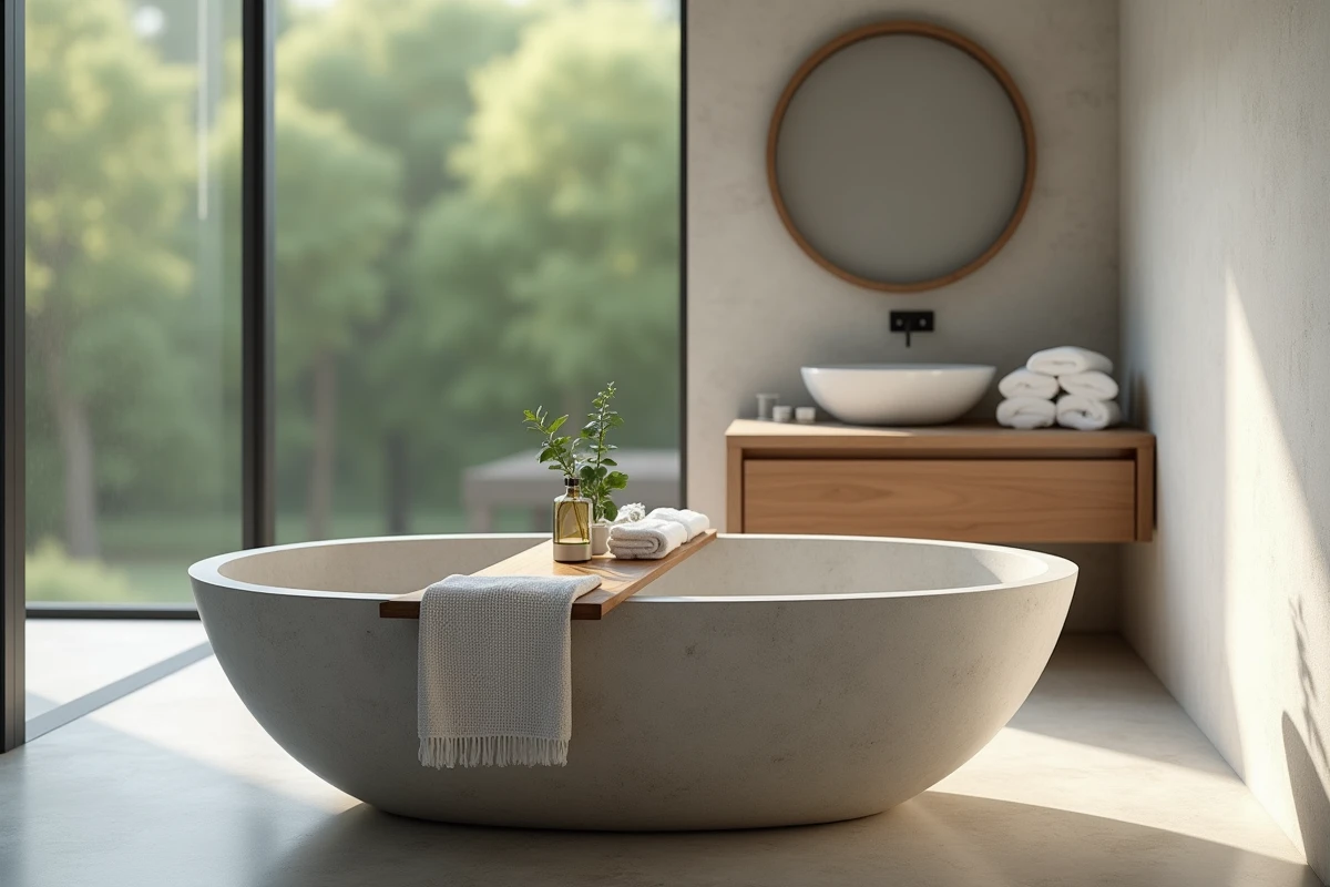 Salle de bain minimaliste avec baignoire en pierre, bois de teck et décoration végétale pour une atmosphère spa à domicile