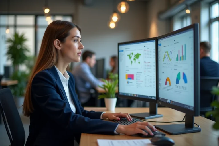 Professionnelle analysant des tableaux de bord de marketing digital sur des écrans dans un bureau moderne en 2024