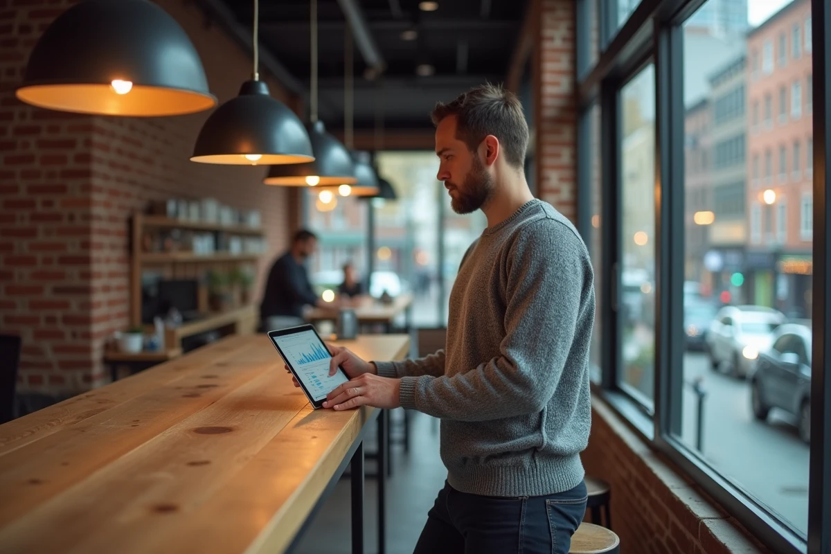 Jeune professionnel masculin consultant des analyses de réseaux sociaux sur une tablette dans un espace de coworking créatif