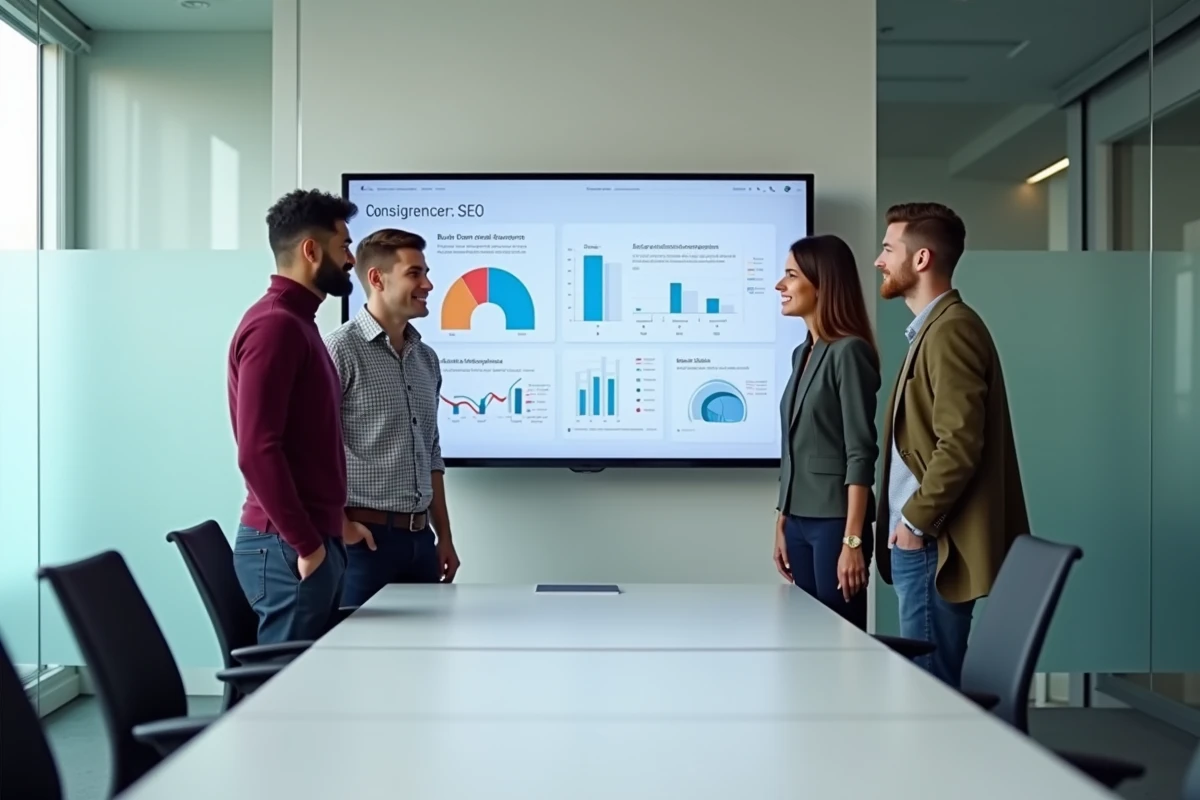 Équipe marketing diversifiée collaborant autour d'un écran interactif affichant des tendances digitales et des données de campagne