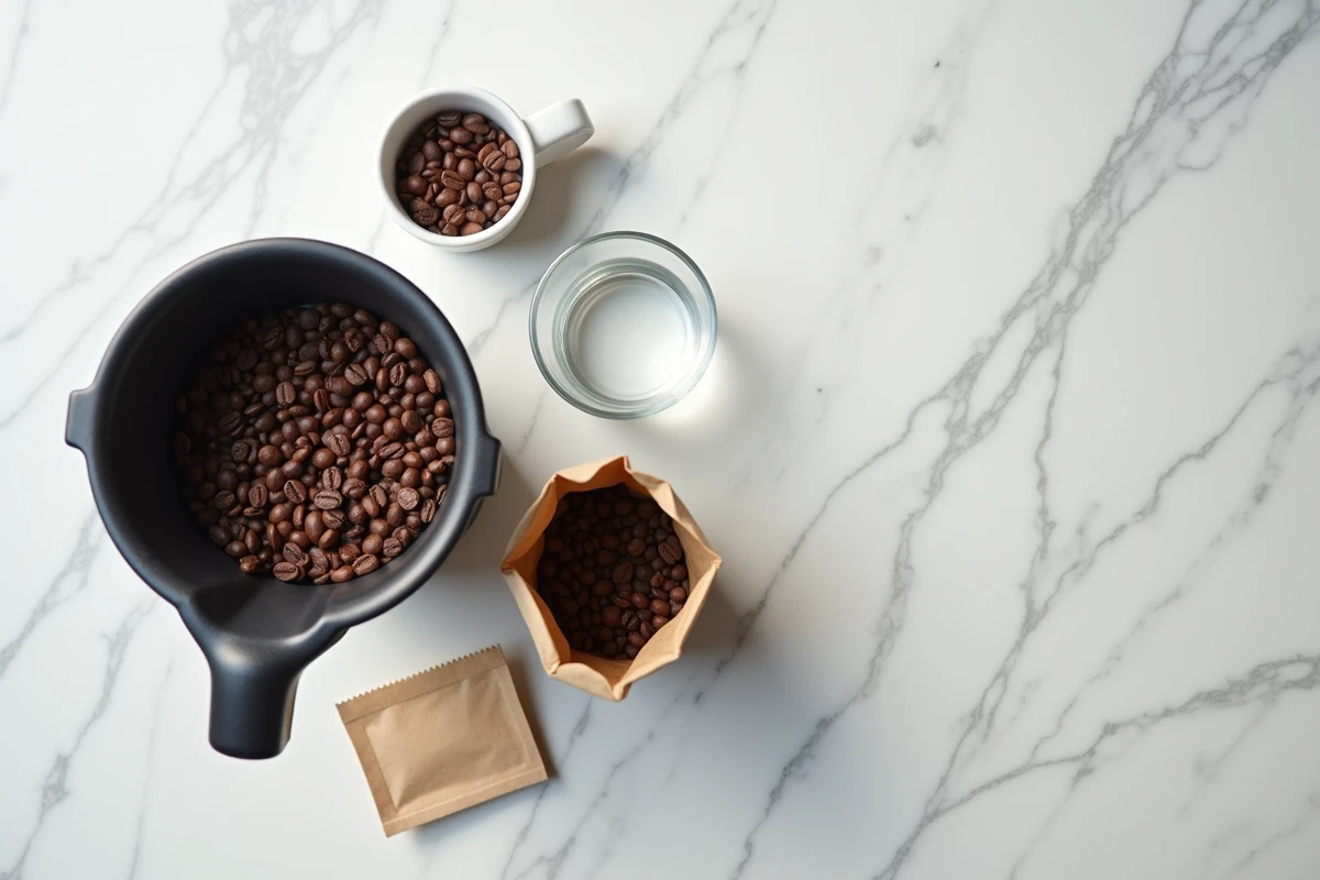 Vue de dessus d'une trémie à grains de café remplie de grains torréfiés avec accessoires barista sur marbre blanc