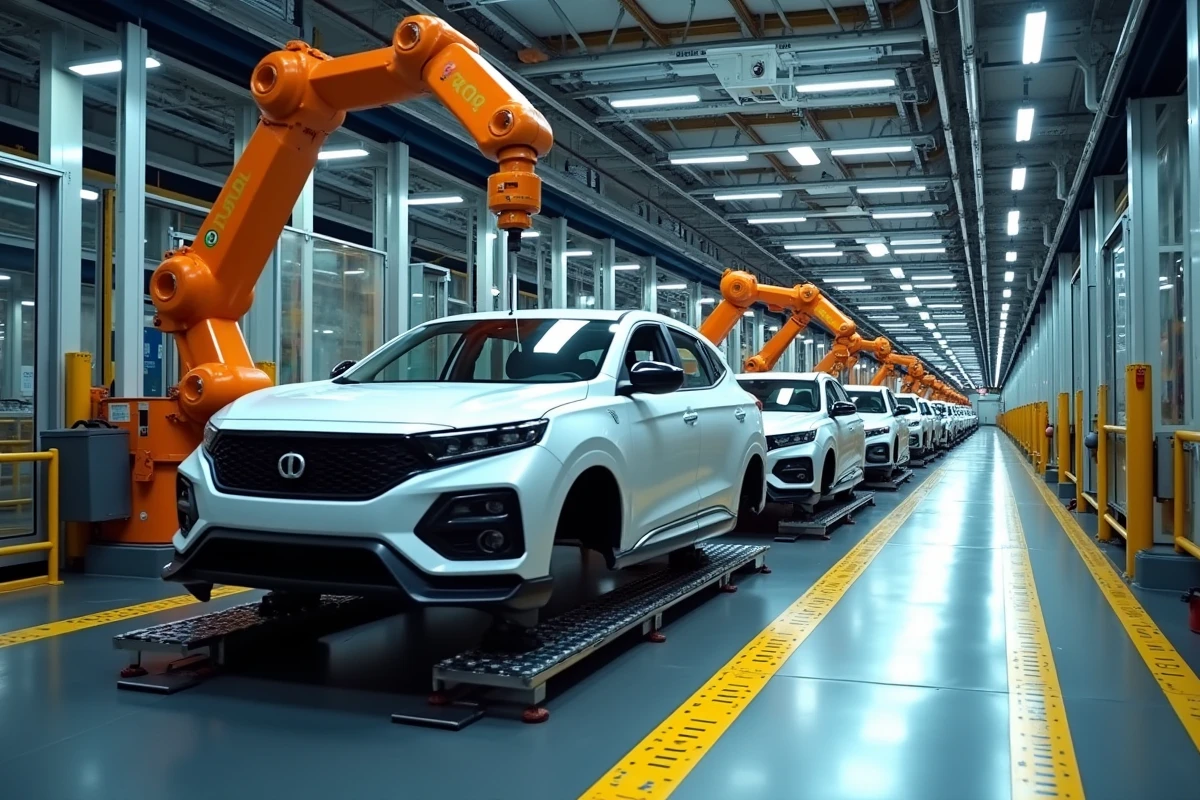 Ligne d'assemblage automatisée dans une usine de production Stellantis avec bras robotiques